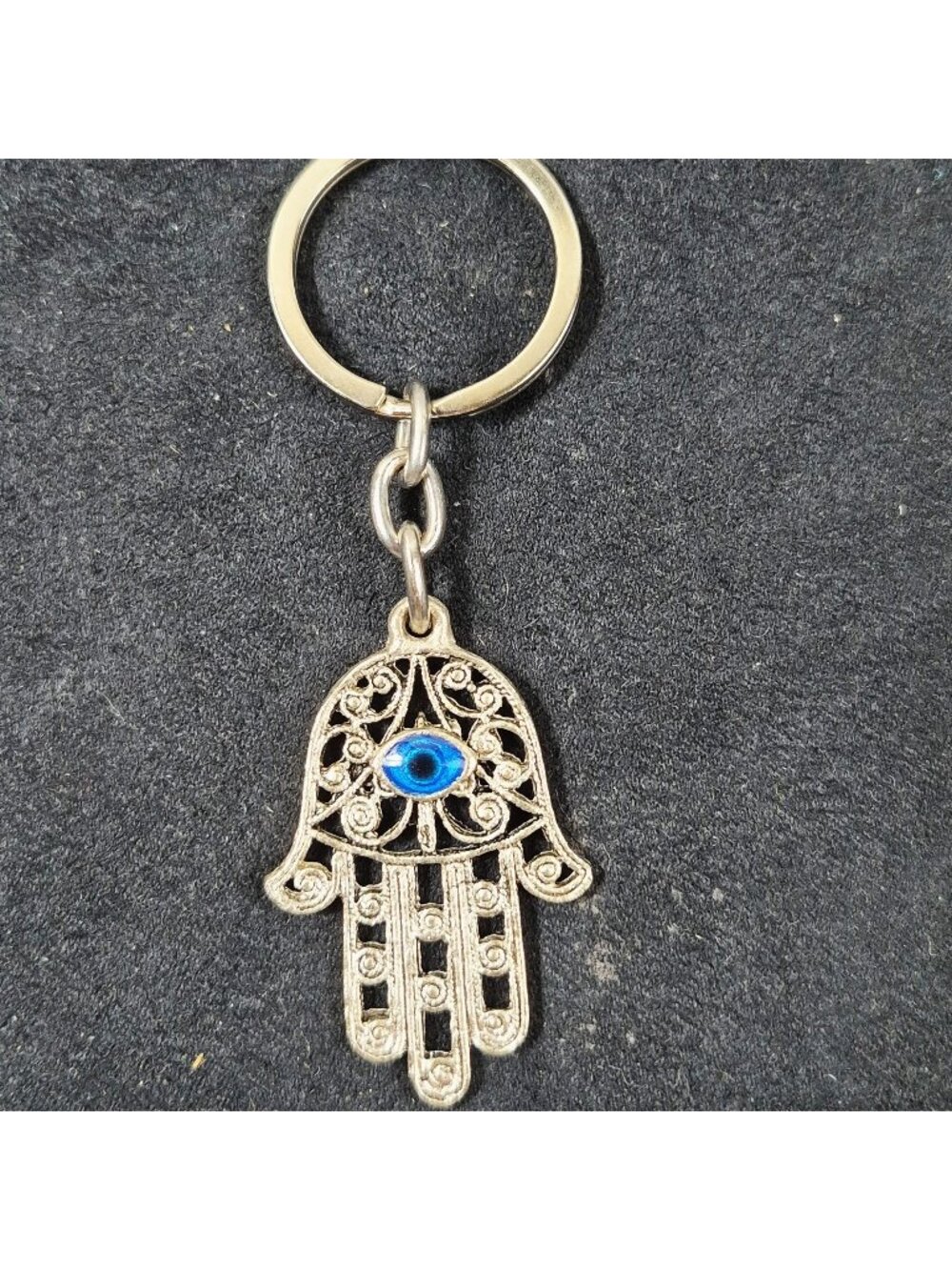 Hamsa Hand Keychain Blue Evil Eye Charm Intricate Silver-Tone Protective Amulet